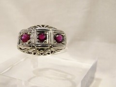 Antique Art Deco Filigree 14 K White Gold 3 Stone Ruby Sz 6 Cocktail Ring