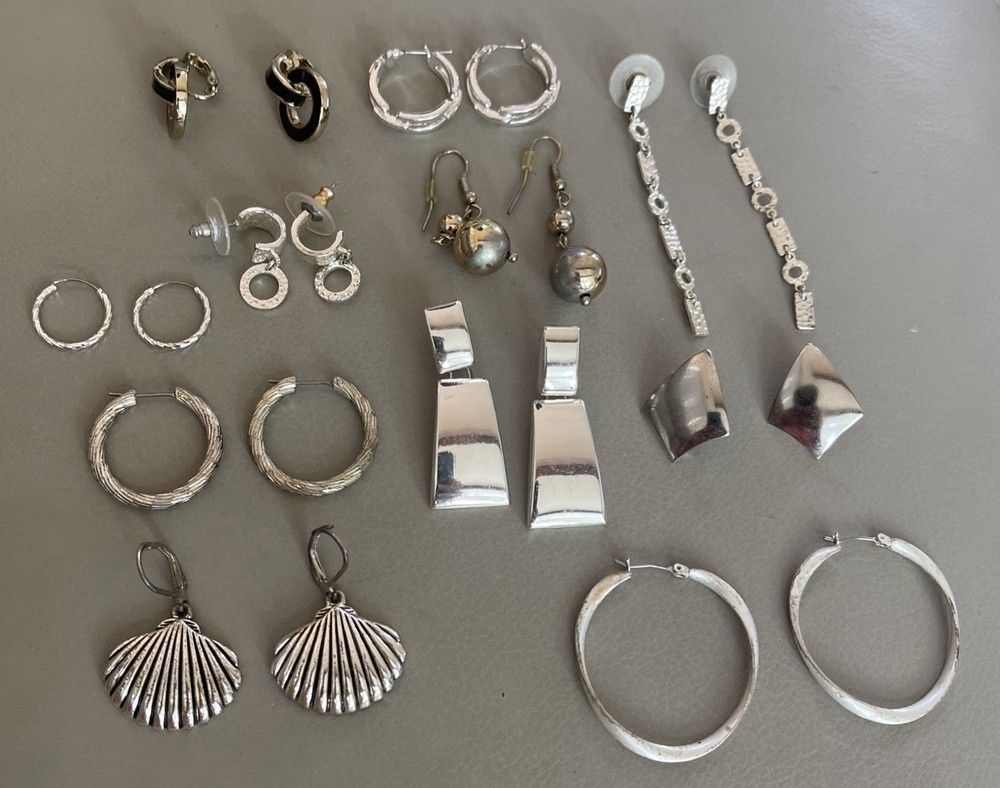 Vintage Silver Tone Earrings Lot Of 11 Pairs Hoops Dangling Post
