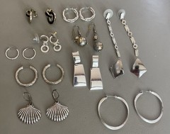 Vintage Silver Tone Earrings Lot Of 11 Pairs Hoops Dangling Post