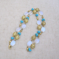 Vintage Boho Gold Filigree Opalite Moonstone Glass Turquoise Bead Necklace 26″