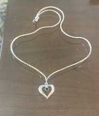 835 Dutch Silver Cobra Link Chain w Attached Heart Pendant Emerald Green Stone