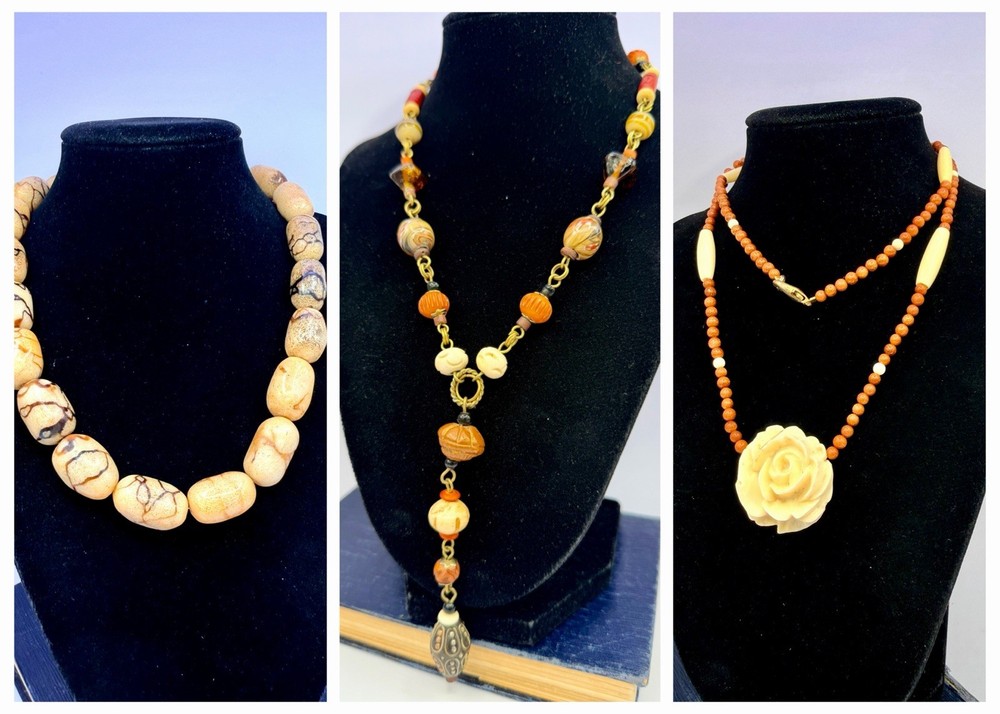 3 Pcs Vintage Bead Necklaces Lot Tribal Ethnic Bone Horn Glass Tribal Lot BP