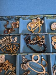 Vtg Jewelry Box With VTG- Now Costume Necklaces, Earings, Brooches, Pins, Etc.