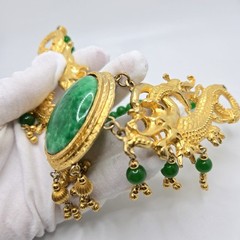 VTG Designer Dragon Statement Necklace, Gold-Tone Metal with Faux Jade Beads
