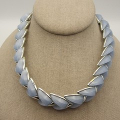 Vintage MCM Necklace Ridged Molded Acrylic Blue 15 Inch