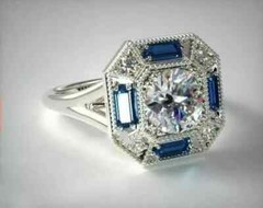 Art Deco Style Lab Created Diamond & Sapphire Wedding 14K White Gold FN Ring