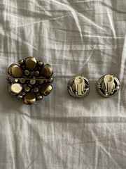 Vintage Round Brooch Pin W/ Green Crystals & Clip-on Earring Set
