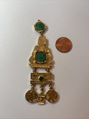 Vintage Chinese-Inspired Faux Jade Gilt Metal Pendant w/Dangles- Costume Jewelry
