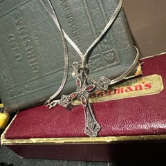 Vintage 925 Silver, Marcasite and Garnet Cross Pendant Necklace