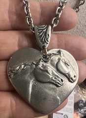 Western Pewter Silver Tone Double Horse Head Pendant Necklace Cowboy Ranching