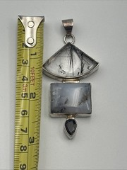 925 Sterling Silver Vtg Rutilated Quartz Gray Blue Agate And Black Oynx Pendant