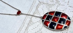 1930s Art Deco ORANGE/BLACK Enamel Checkerboard Sterling Locket Necklace~GERMANY