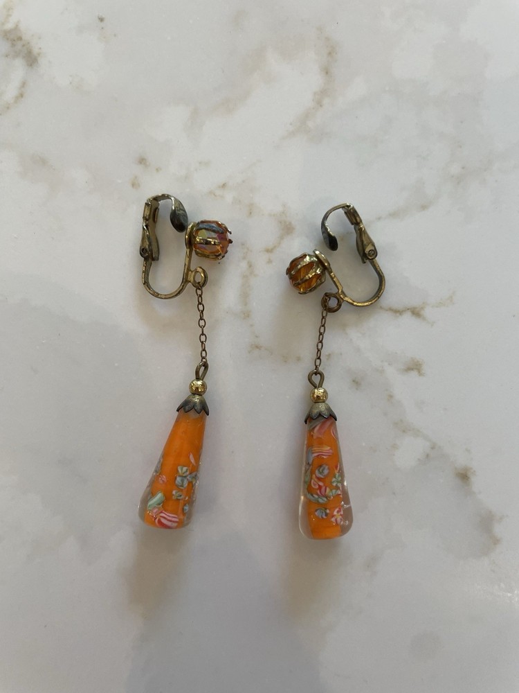 Vintage Venetian Art Glass Dangle Earrings Orange Floral Hinged Clip NonPierced