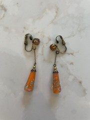 Vintage Venetian Art Glass Dangle Earrings Orange Floral Hinged Clip NonPierced