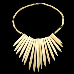 Tribal 1970s Bone Vintage Fringe Statement Necklace – Boho Ethnic Choker 16.5”