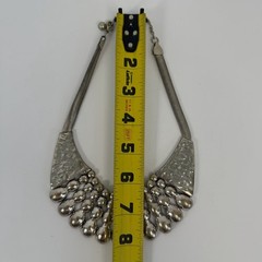 Vintage Silver Tone Brutalist Bib Statement Necklace Hammered Herringbone