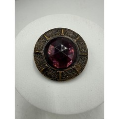 Vintage Ornate Round Brooch Purple Faceted Glass Stone Antiqued Brass Tone 1.5″