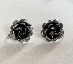 Vintage Oxidized Sterling Silver 3D Rose Flower Screw Back Stud Earrings
