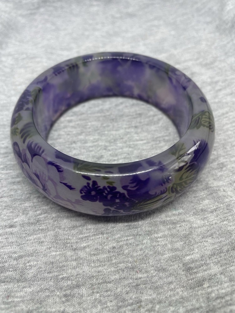 Vintage Round Shape Lucite Purple Flowers 7.67” Boho Bangle Bracelet READ