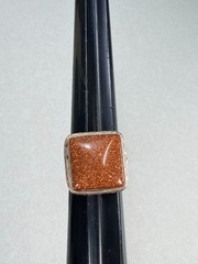 Vintage Silver Tone Goldstone Square Statement Ring Brown Cabochon Size 9