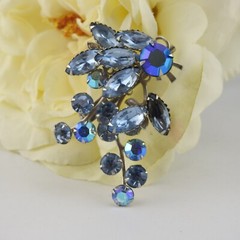 Vintage Brooch Pin Multi-color Blue Rhinestones Leaf Spray 2.5″