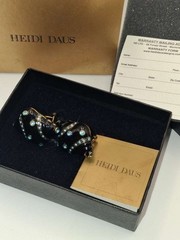 Heidi Daus Signed Seashell Clip Earrings Black Enamel Aqua Crystal NIB