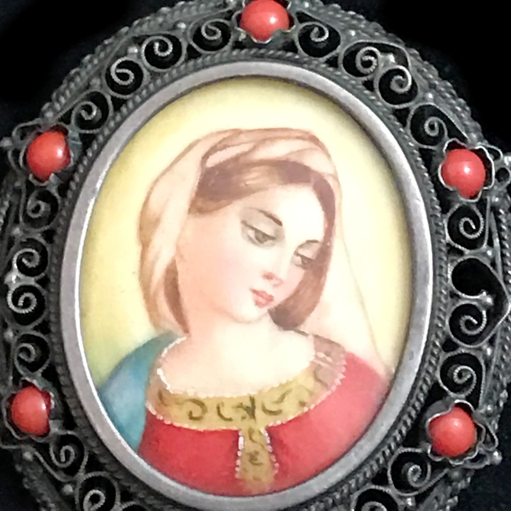Madonna Miniature Painting Brooch & Pendant, antique silver