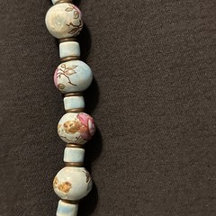 Vintage Hand Painted Porcelain Bead Necklace Turquoise Color Blue With Roses