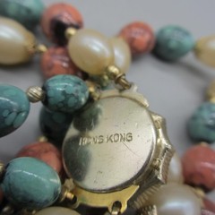 Vintage Hong Kong Necklace Mottled Beads Green Orange Simulated Pearl 19 Inch