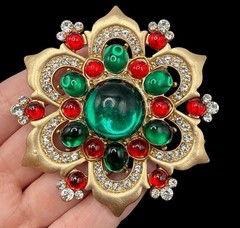 HUGE Jewel Tone Flower Rhinestone Brooch Pin J26