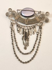 Bohemian Style Brooch Vintage Green Oval Stone Silver Tone 3.5 inches long