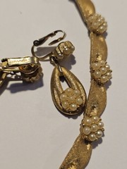 Vintage Crown Trifari Gold Tone Faux Pearl Birthday Ribbon Necklace Earrings Set