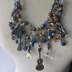Vtg Southwestern Artisan Boho Musical Charms Many Sterling Glass Necklace 28″L