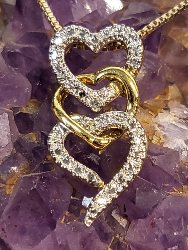 Vermeil 925 Sterling Silver Diamond Triple Heart Pendant 18″ Gold Necklace 3.8g