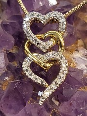 Vermeil 925 Sterling Silver Diamond Triple Heart Pendant 18″ Gold Necklace 3.8g