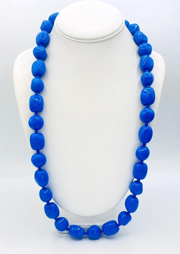 Vintage 80s Monet Cornflower Blue Acrylic Chunky Bead Necklace 30 in