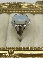 Vintage Opalite Glass Oval Ring Silver Tone Filigree Setting Size 6 Witchy Gift