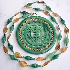 Rare Vintage Large Faux Jade LUCITE Medallion Pendant Necklace Carved—Hong Kong