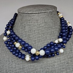 VINTAGE Multi-Strand Blue & White Plastic Beaded Bead Necklace