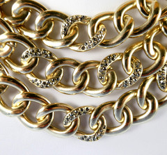 Pretty Triple Chain Link Bib Necklace Gold Tone w/ Tiny Marcasites
