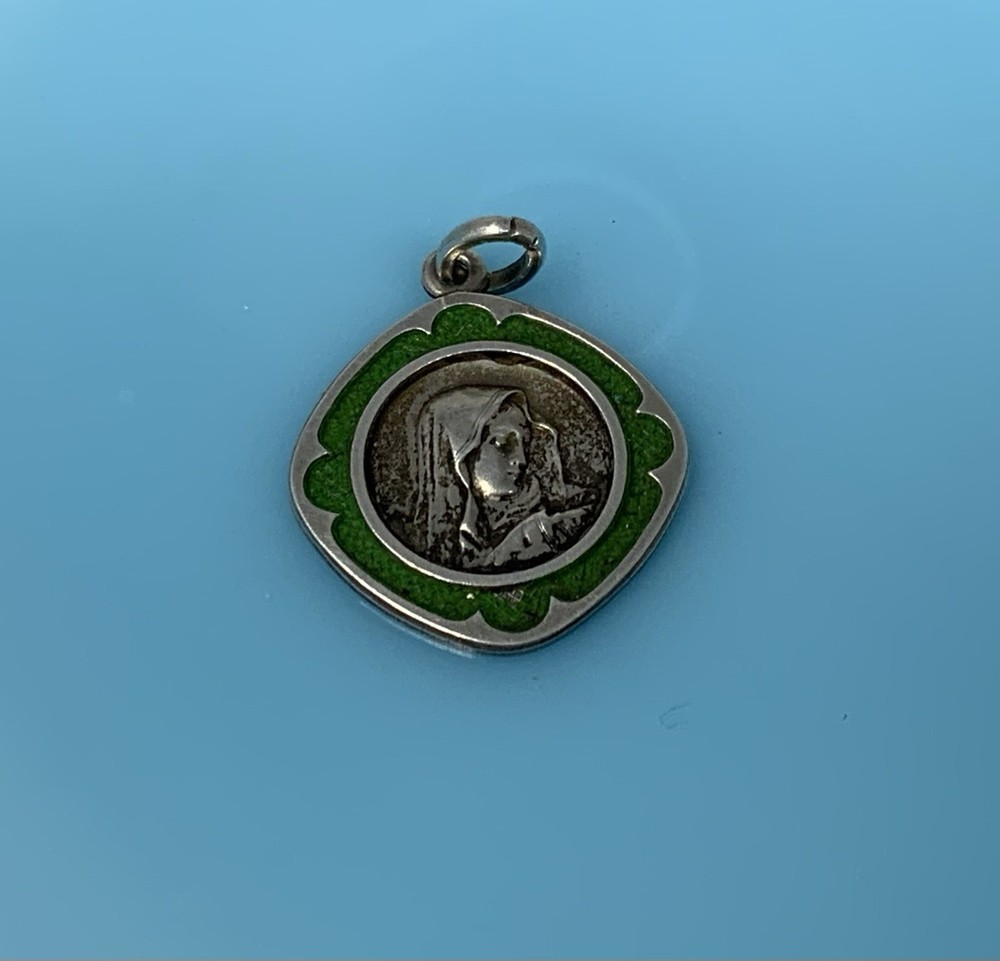 Vintage 800 Silver Green Square Enamel Miraculous Mary Pendant Charm 2.8g
