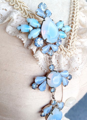 Vintage Powder Blue Opalescent Striped Art Glass Rhinestone Dangle Brooch