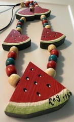 Vintage Fruit Salad Necklace Watermelon Wooden Beads Retro Signed 1987