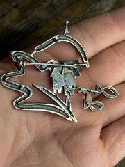 Huge Vintage Modernist Sterling Silver Studio Brooch Abstract House & Fish 2.5″