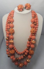 Estate Vintage Japan Orange Sugar Bead Necklace Clip Earrings Demi Parure Set