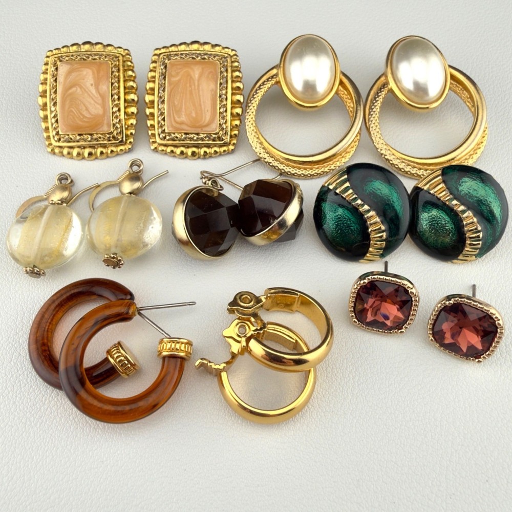 Vintage Pierced Earring Lot Gold Tone Enamel Hoop Drop Stud Dangle