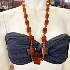 Art Deco Honey Amber Graduated Cube & Round Beads Necklace 30” Inches