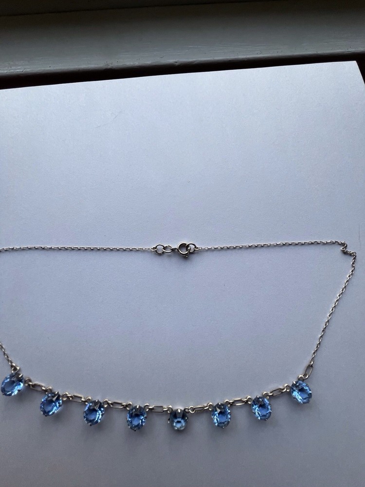 Antique Art Deco Sterling Silver Bezel Set Blue Crystal Necklace 17 Inches