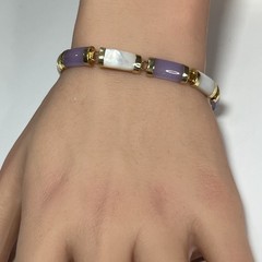 Vintage WJ 10k Yellow Gold Lavender Jade & Mother Of Pearl Asian Bracelet 7.5”