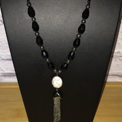 Statement Tassel Necklace Black Beaded Silver-Tone Howlite-Style Acrylic